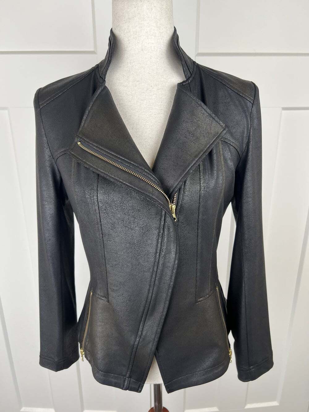 Clara Sun Woo Liquid Leather Moto Jacket XS Black Asymmetrical Zip Gold